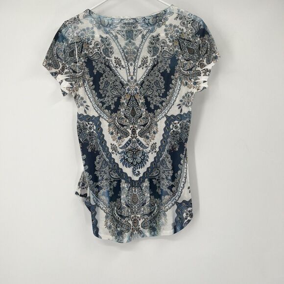 One World Small SS Blouse Paisley Y2K Boho Festival Hippie Fairy Rhinestones - Picture 5 of 8
